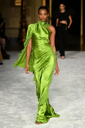 Glowing Green Mock Neck Ruffled Detail Gown