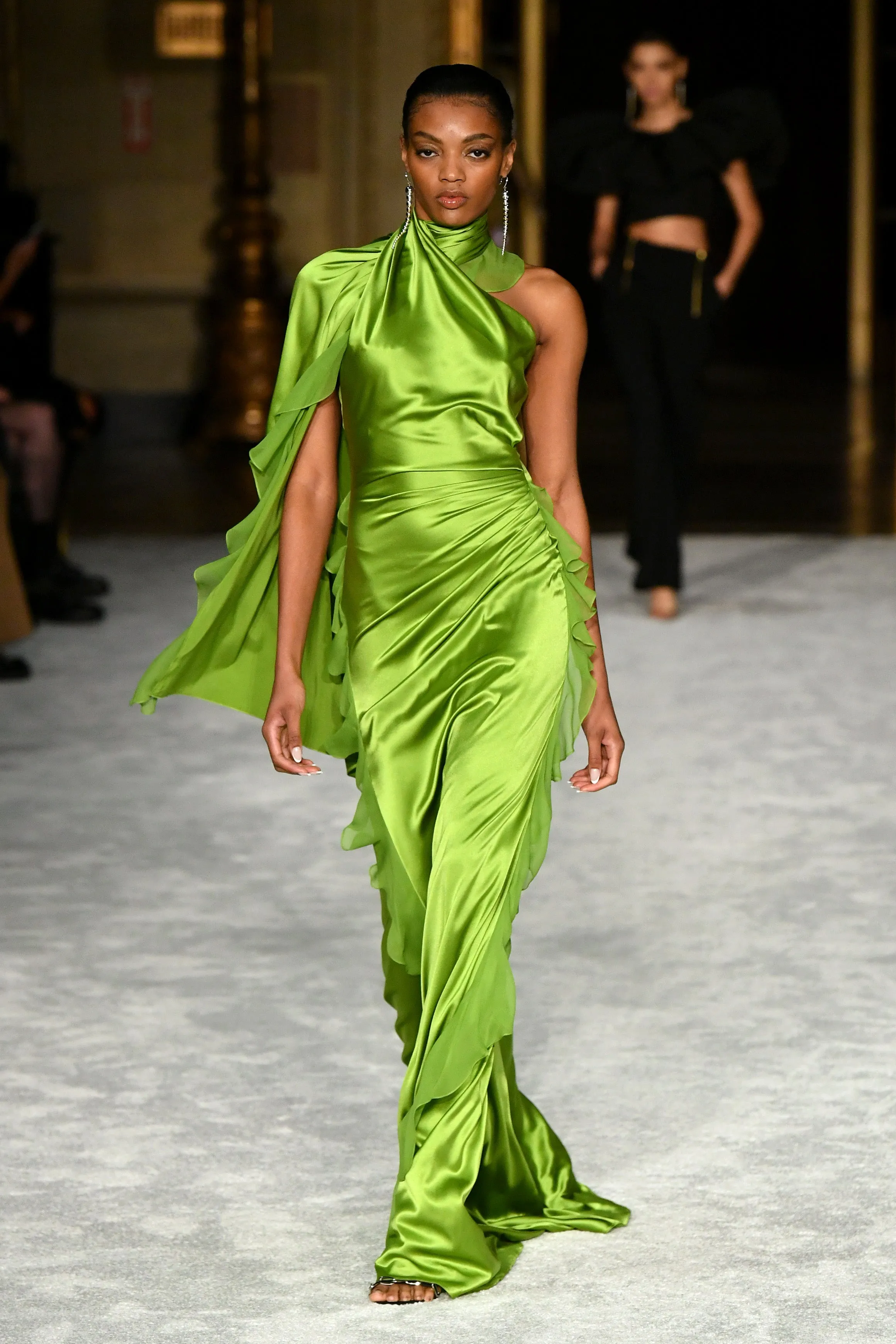 Glowing Green Mock Neck Ruffled Detail Gown