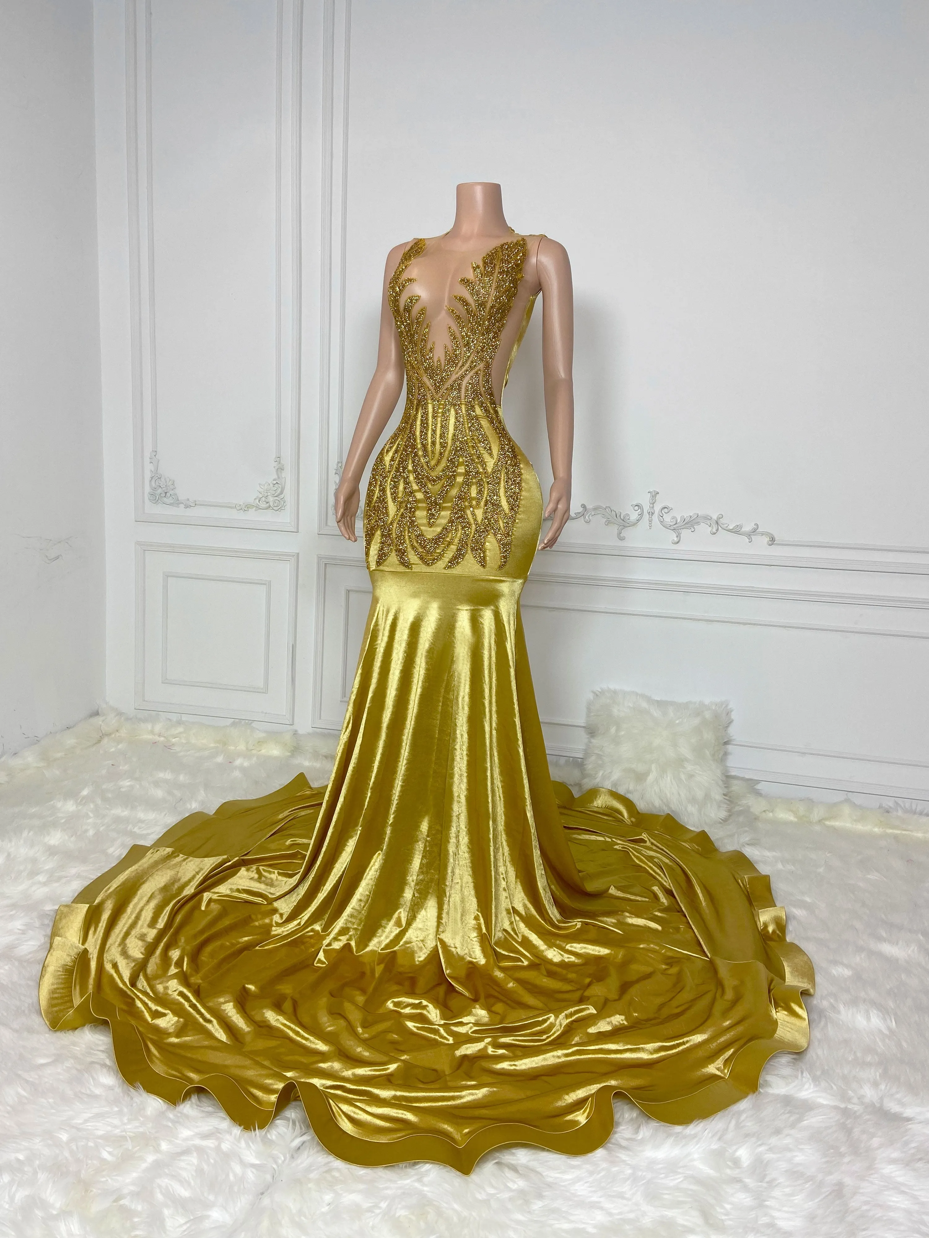 Gold Round Neck Sleeveless with Flame Rhinestones Gowns
