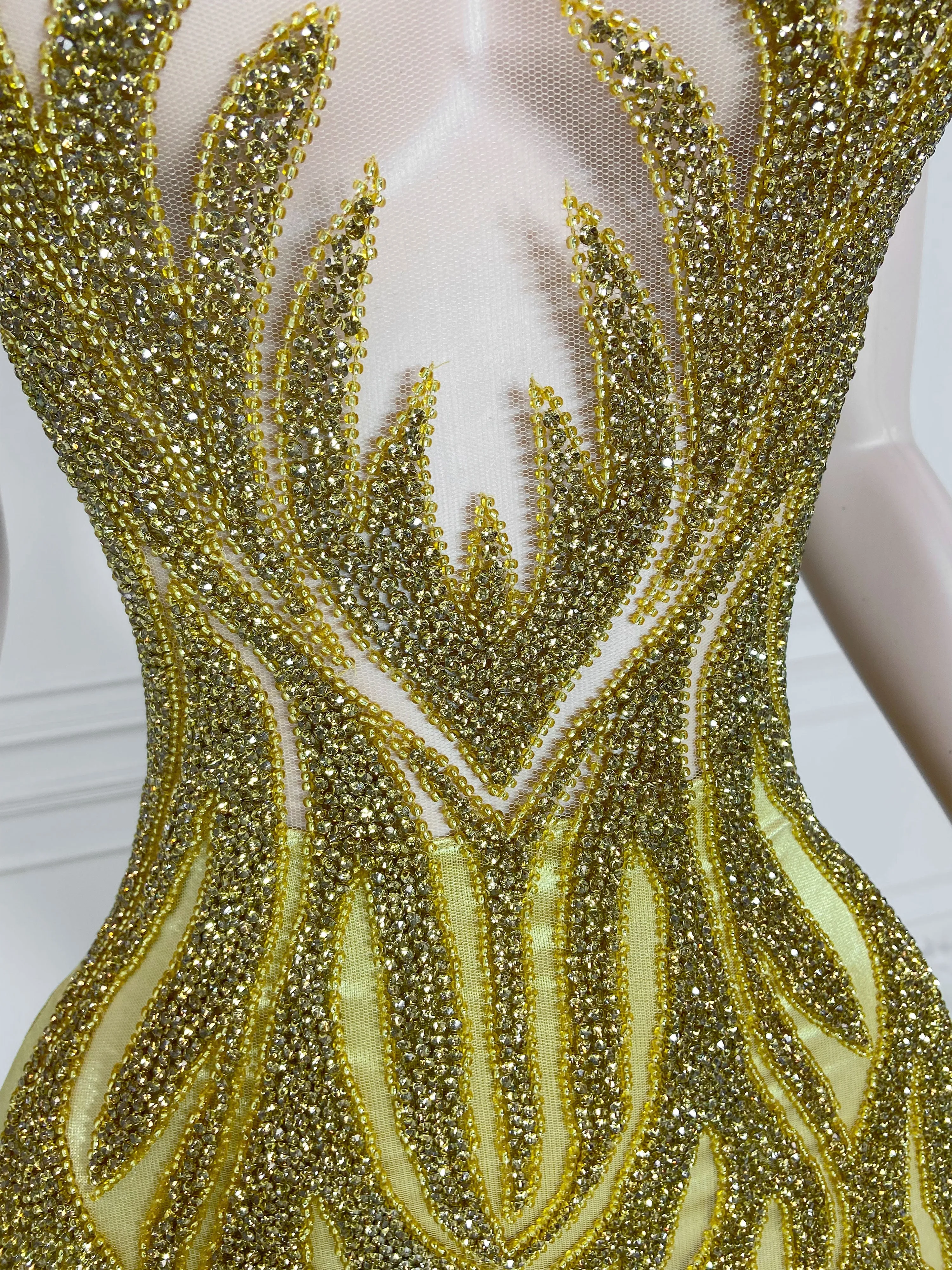Gold Round Neck Sleeveless with Flame Rhinestones Gowns