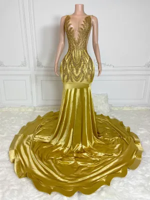 Gold Round Neck Sleeveless with Flame Rhinestones Gowns
