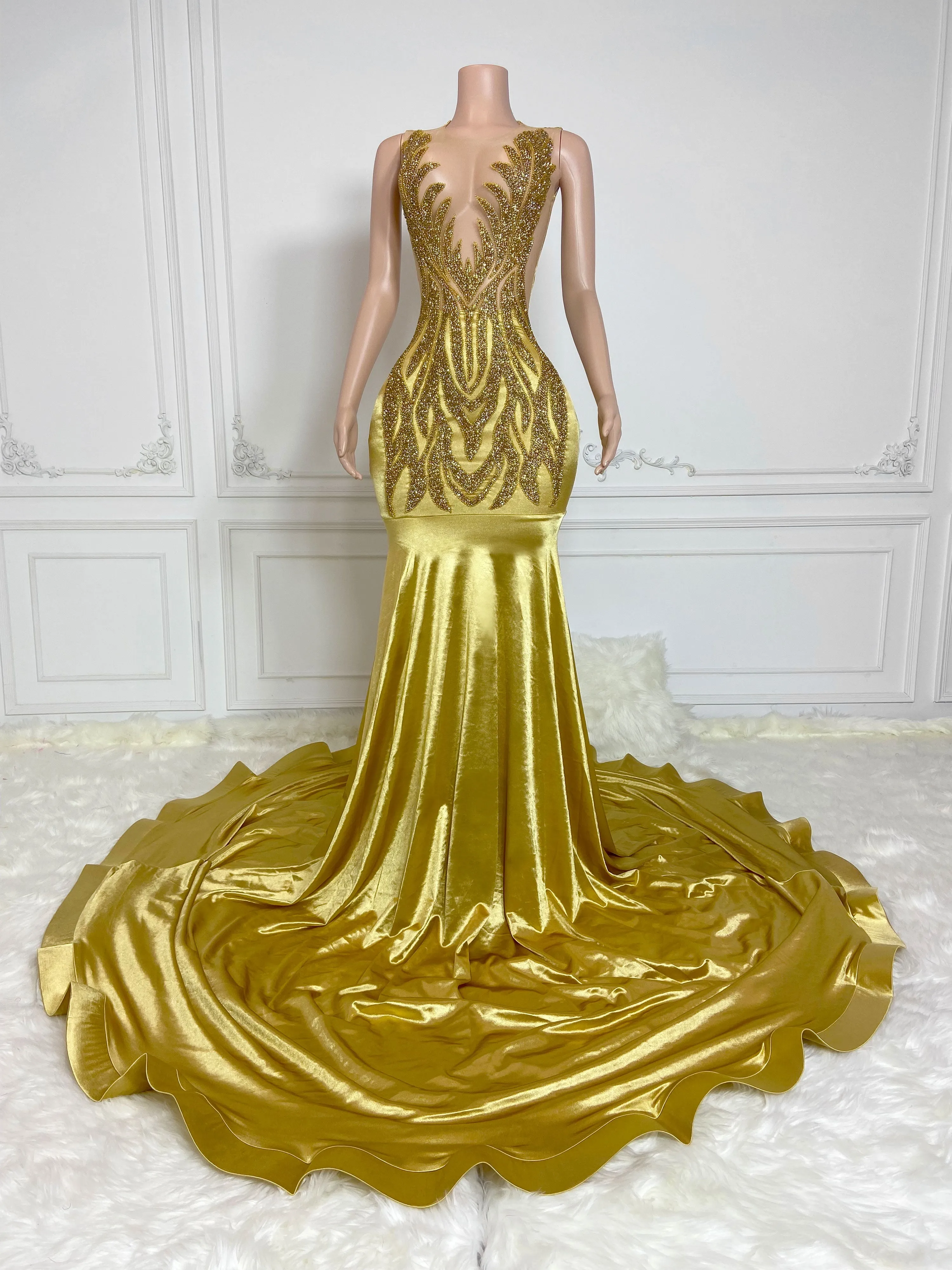 Gold Round Neck Sleeveless with Flame Rhinestones Gowns