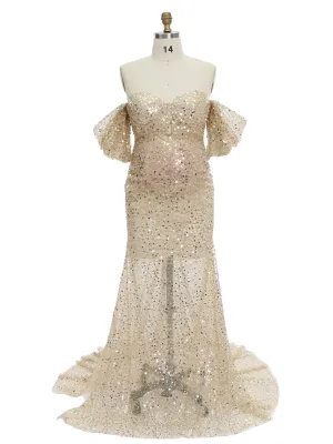 Gold Sequin with Pearls Maternity Gowns for Photoshoot Pregnancy Photography Baby Shower Dress YW231140