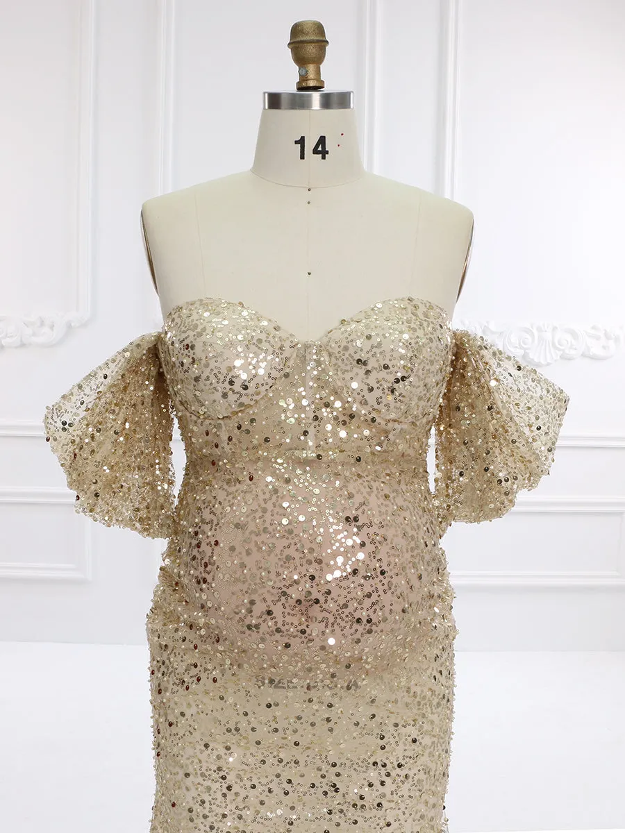 Gold Sequin with Pearls Maternity Gowns for Photoshoot Pregnancy Photography Baby Shower Dress YW231140