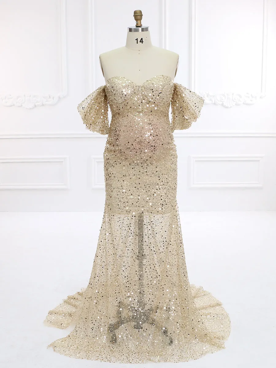 Gold Sequin with Pearls Maternity Gowns for Photoshoot Pregnancy Photography Baby Shower Dress YW231140