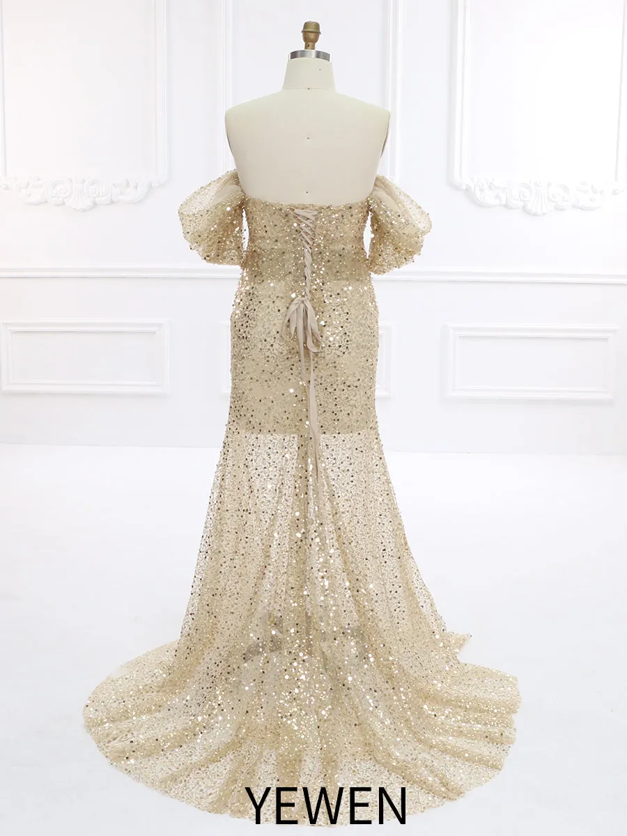 Gold Sequin with Pearls Maternity Gowns for Photoshoot Pregnancy Photography Baby Shower Dress YW231140
