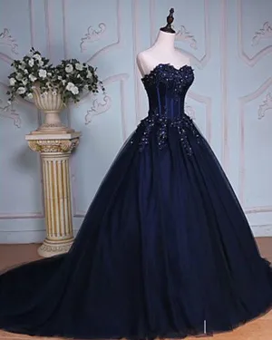Gorgeous Navy Blue Ball Gown Evening Dresses with Lace Appliques Real Formal Dress 2018