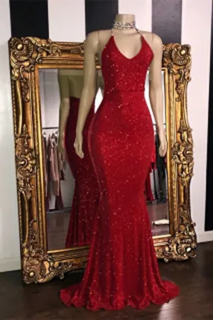 Gorgeous Red Glitter Sequins Prom Dresses Mermaid Halter Evening Gowns,MP460