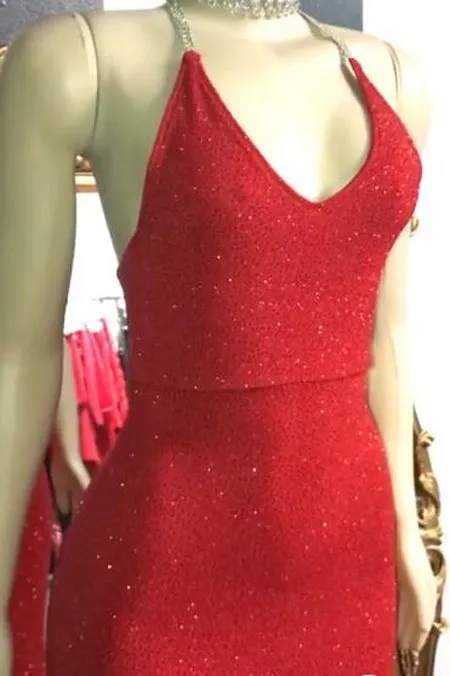 Gorgeous Red Glitter Sequins Prom Dresses Mermaid Halter Evening Gowns,MP460