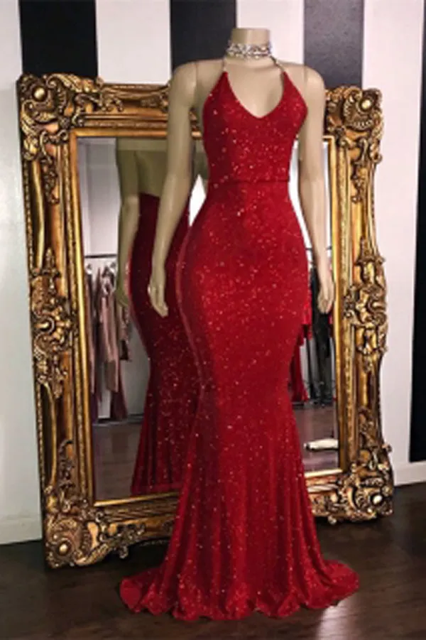 Gorgeous Red Glitter Sequins Prom Dresses Mermaid Halter Evening Gowns,MP460