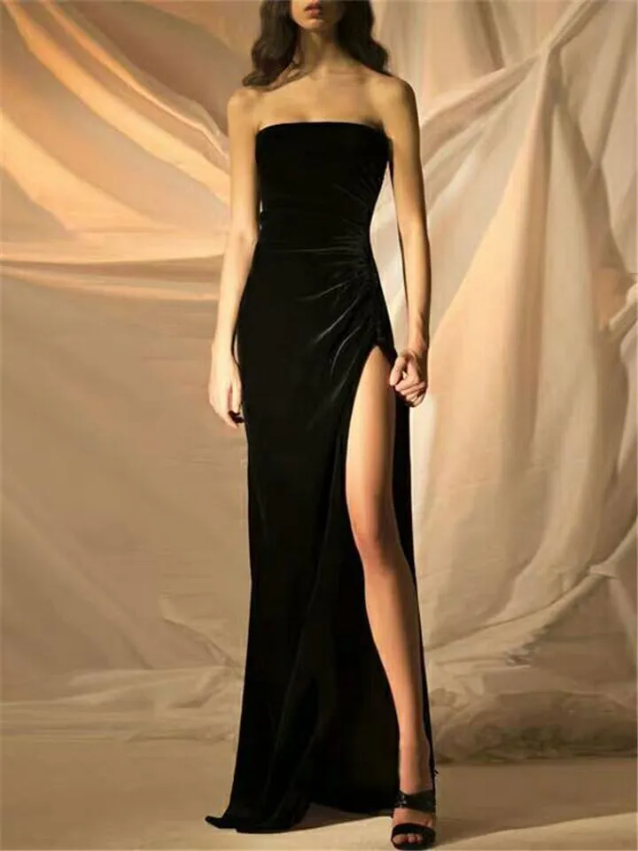 Gorgeous Strapless Thigh High Slit Black Velvet Maxi Gown for Evening