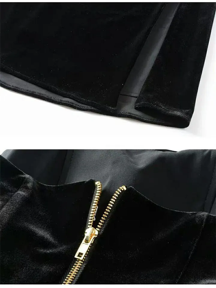 Gorgeous Strapless Thigh High Slit Black Velvet Maxi Gown for Evening