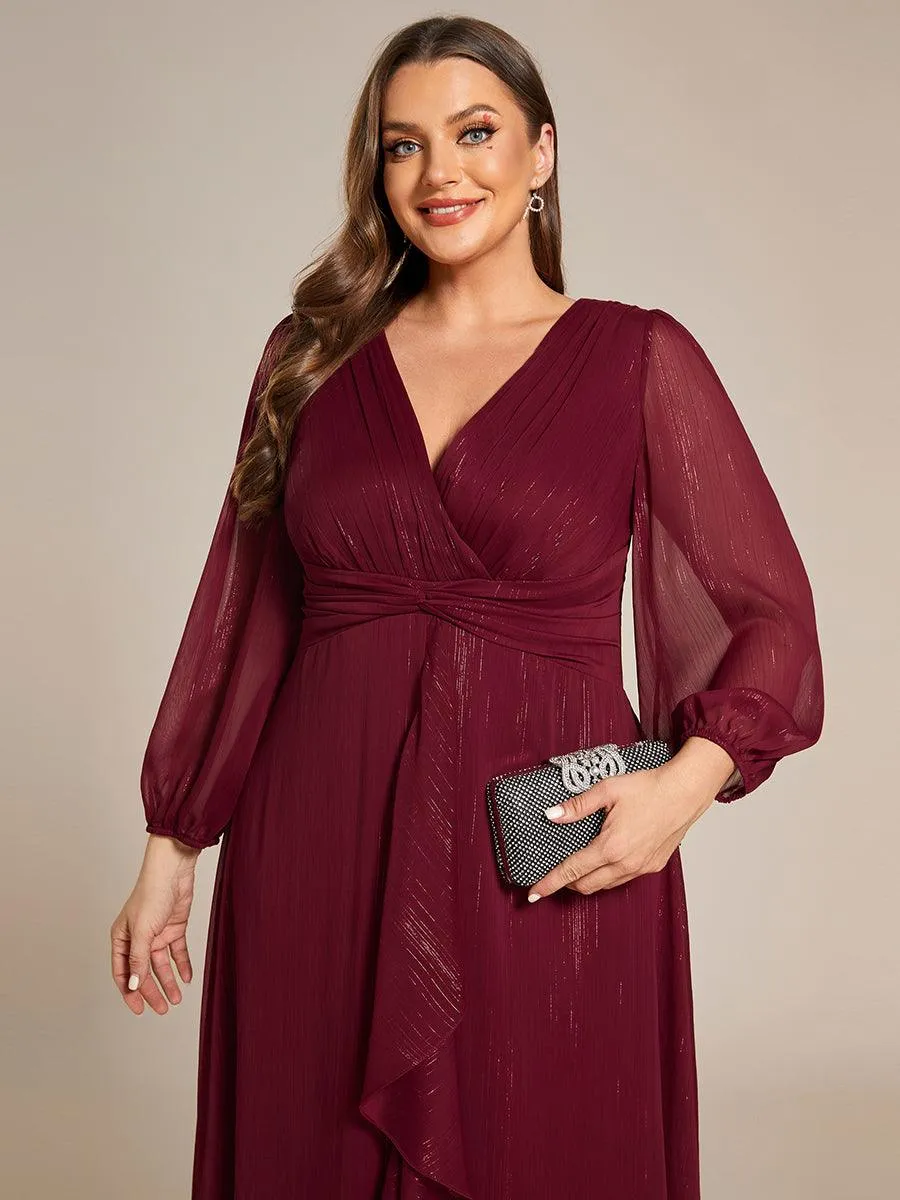 Grande taille Robe de soirée trapèze scintillante à manches longues et col en V en mousseline de soie avec nud torsadé