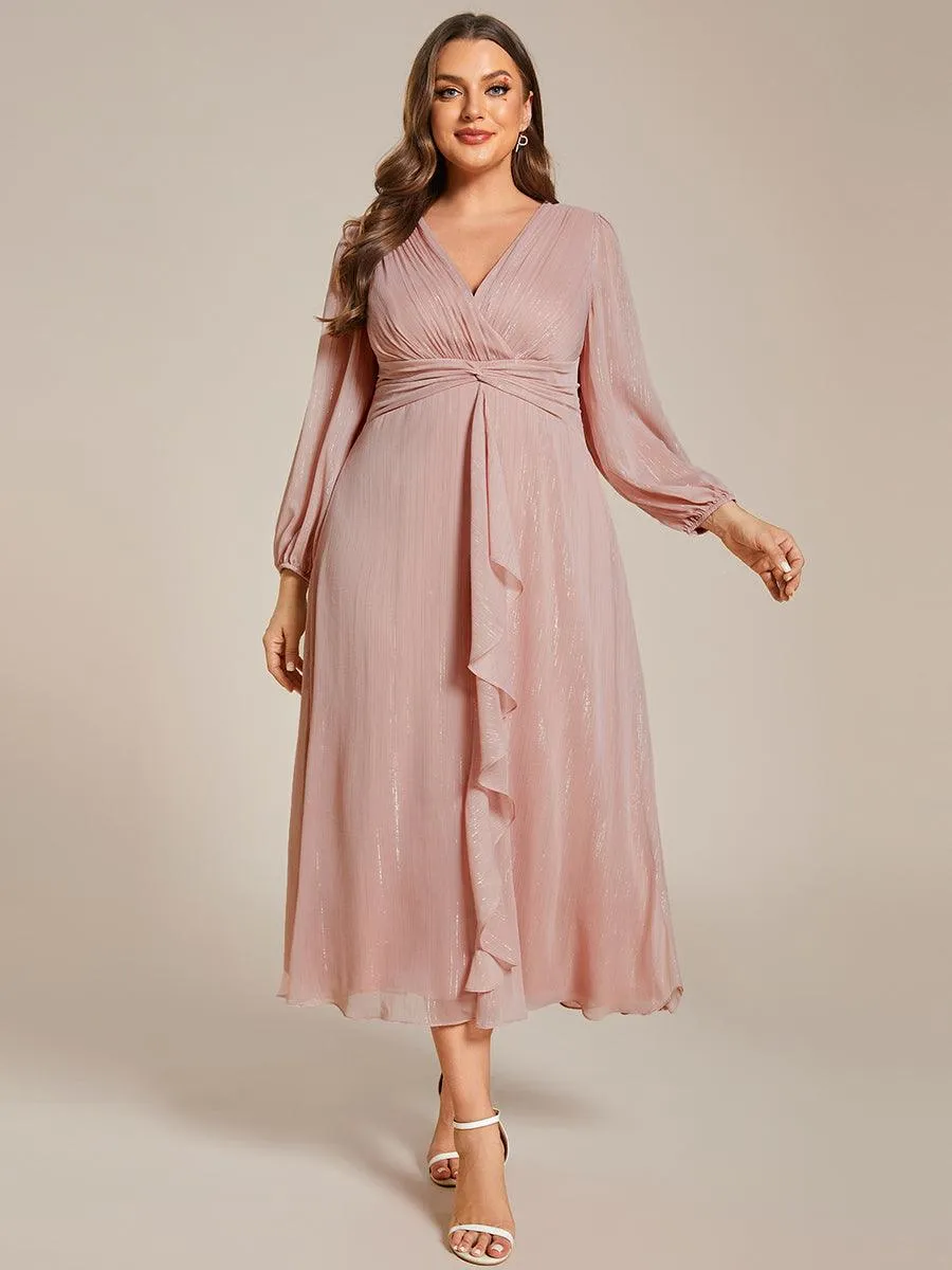 Grande taille Robe de soirée trapèze scintillante à manches longues et col en V en mousseline de soie avec nud torsadé