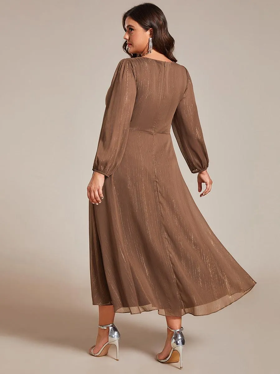 Grande taille Robe de soirée trapèze scintillante à manches longues et col en V en mousseline de soie avec nud torsadé