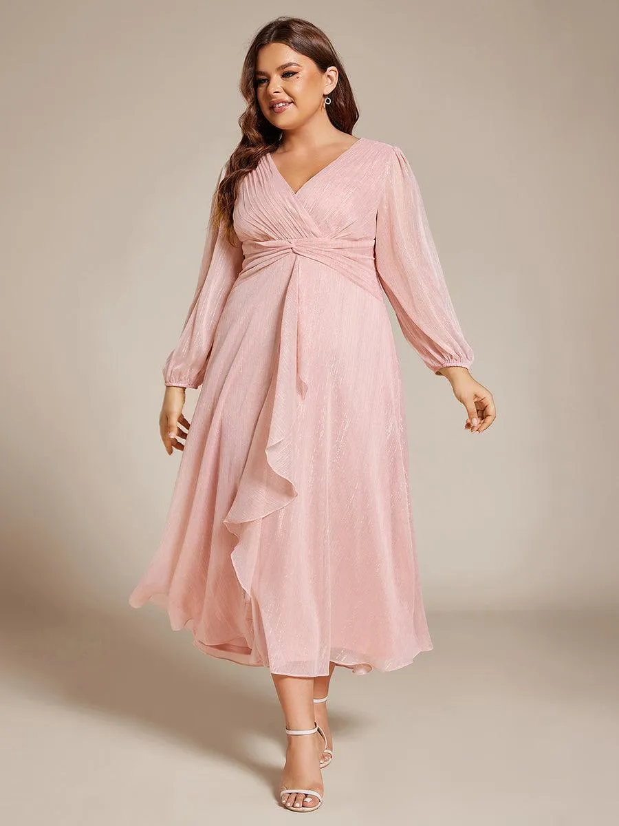 Grande taille Robe de soirée trapèze scintillante à manches longues et col en V en mousseline de soie avec nud torsadé
