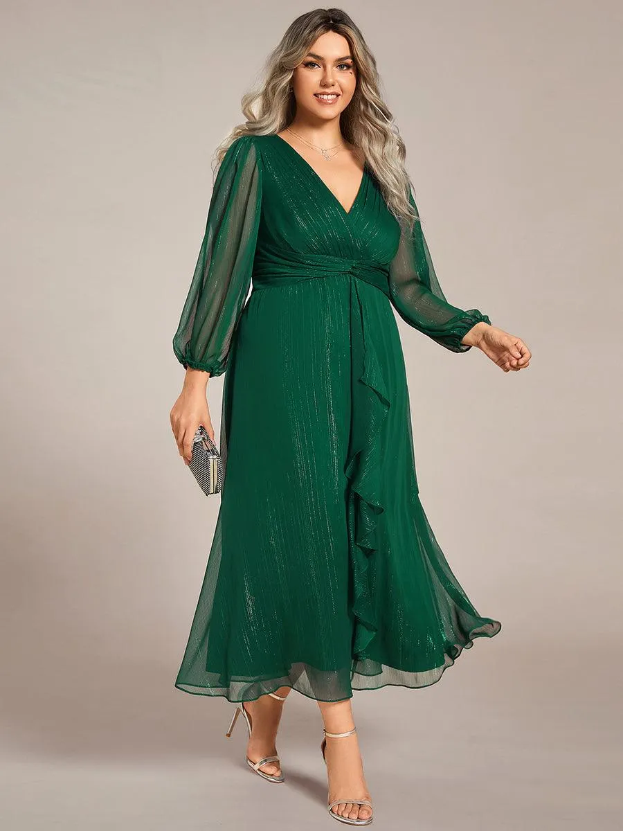 Grande taille Robe de soirée trapèze scintillante à manches longues et col en V en mousseline de soie avec nud torsadé