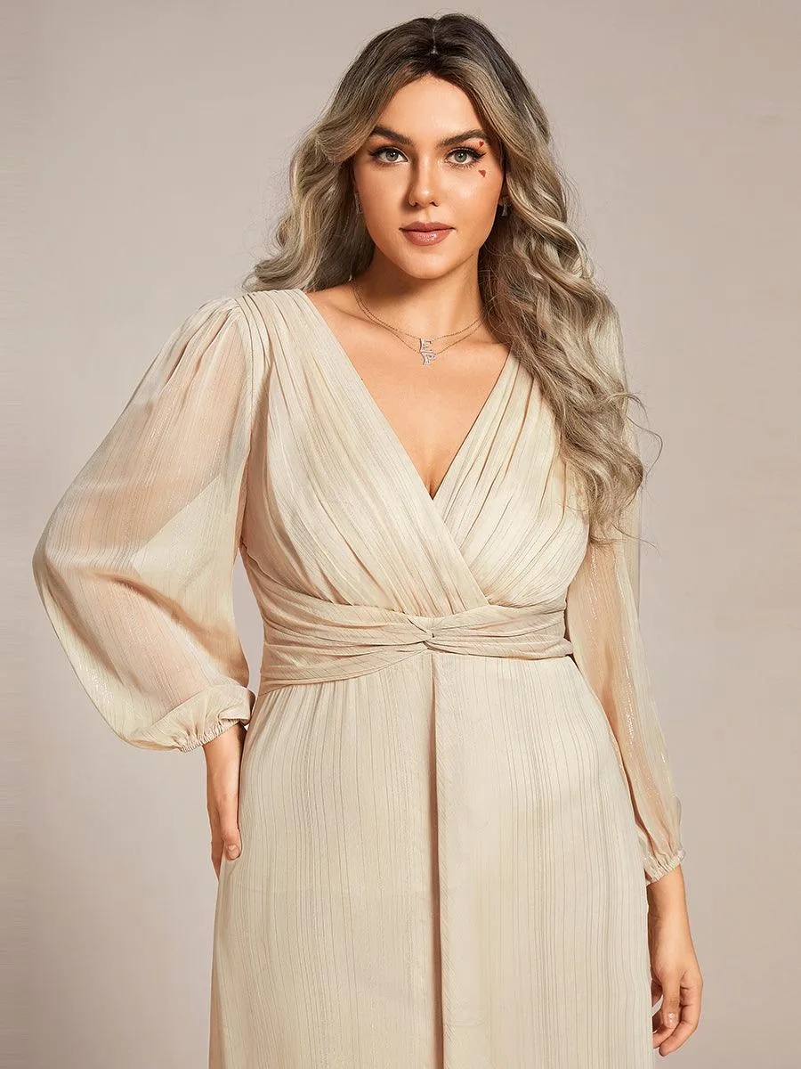 Grande taille Robe de soirée trapèze scintillante à manches longues et col en V en mousseline de soie avec nud torsadé