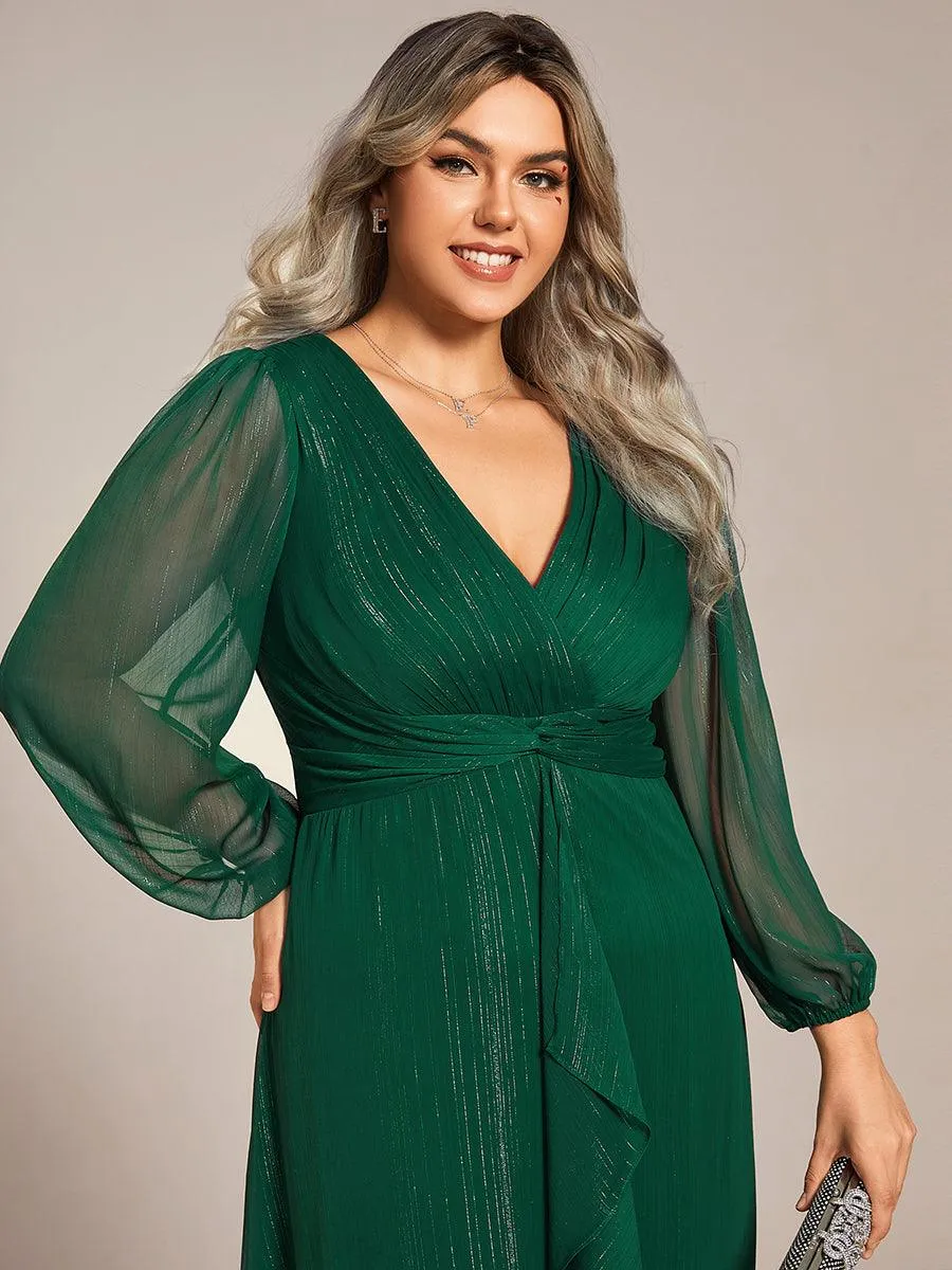 Grande taille Robe de soirée trapèze scintillante à manches longues et col en V en mousseline de soie avec nud torsadé