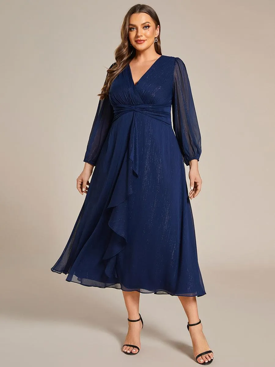 Grande taille Robe de soirée trapèze scintillante à manches longues et col en V en mousseline de soie avec nud torsadé