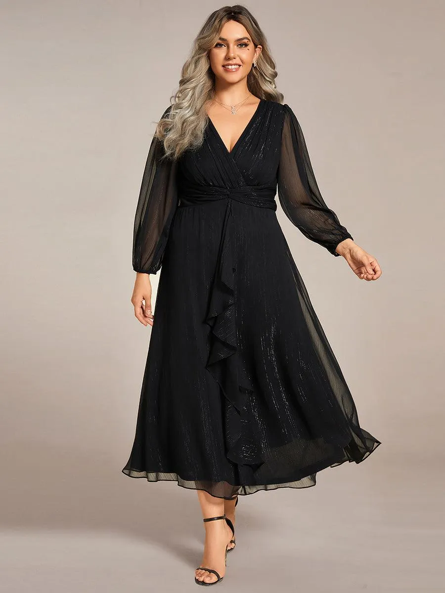 Grande taille Robe de soirée trapèze scintillante à manches longues et col en V en mousseline de soie avec nud torsadé