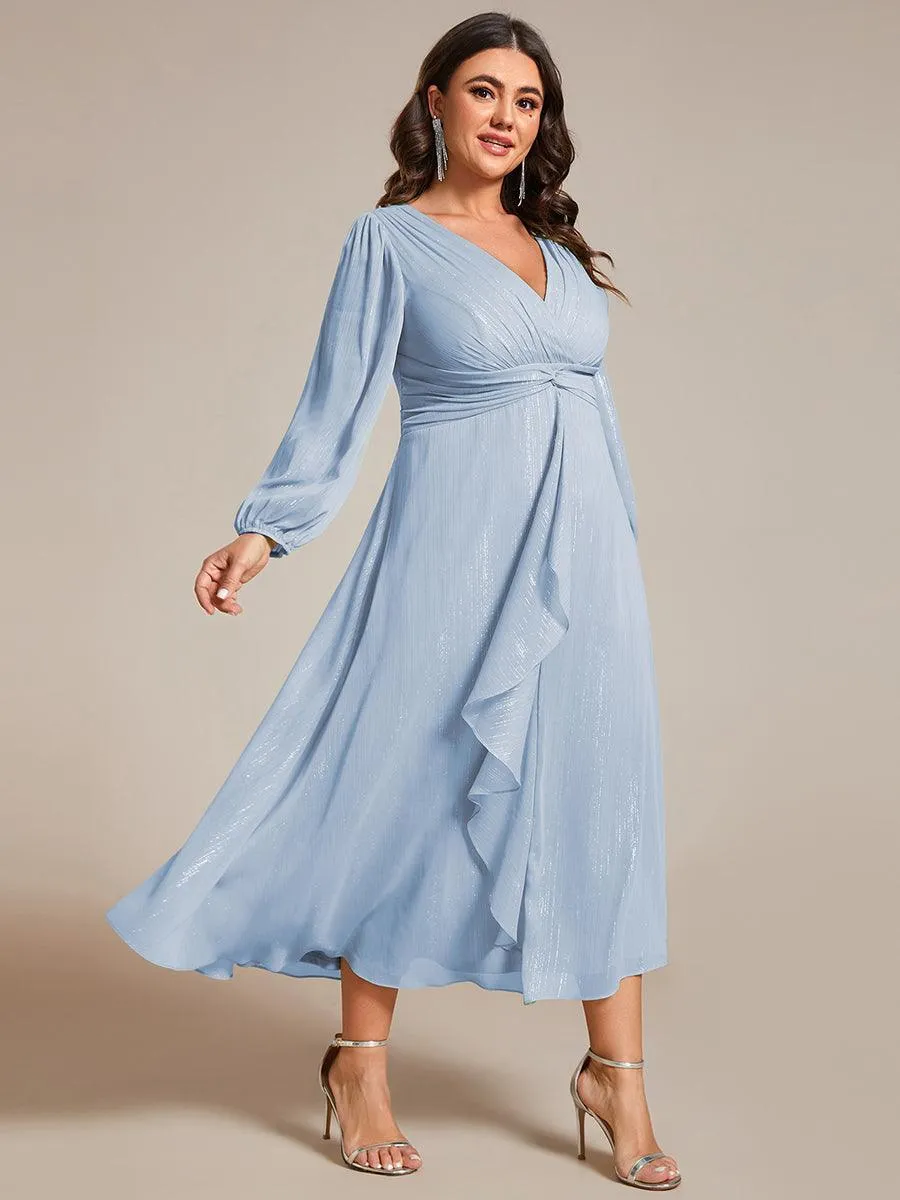 Grande taille Robe de soirée trapèze scintillante à manches longues et col en V en mousseline de soie avec nud torsadé