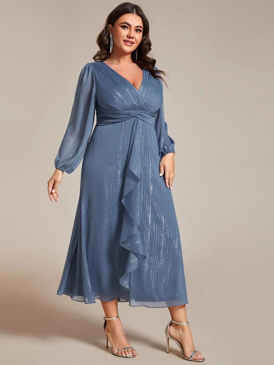 Grande taille Robe de soirée trapèze scintillante à manches longues et col en V en mousseline de soie avec nud torsadé