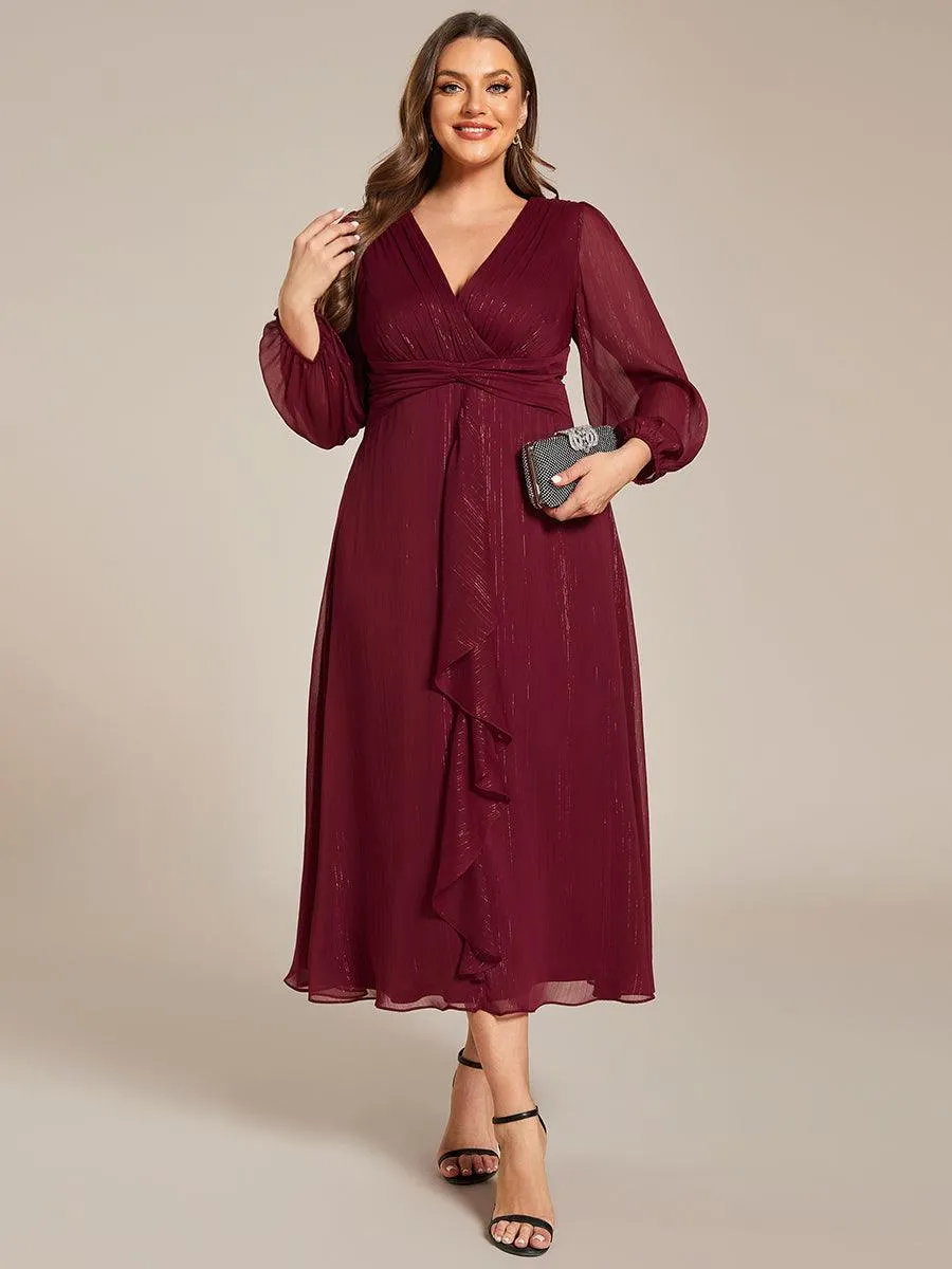 Grande taille Robe de soirée trapèze scintillante à manches longues et col en V en mousseline de soie avec nud torsadé
