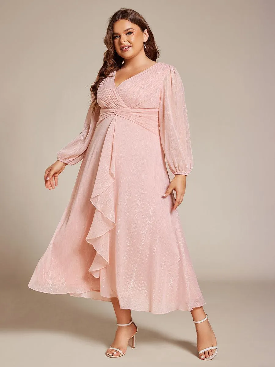 Grande taille Robe de soirée trapèze scintillante à manches longues et col en V en mousseline de soie avec nud torsadé