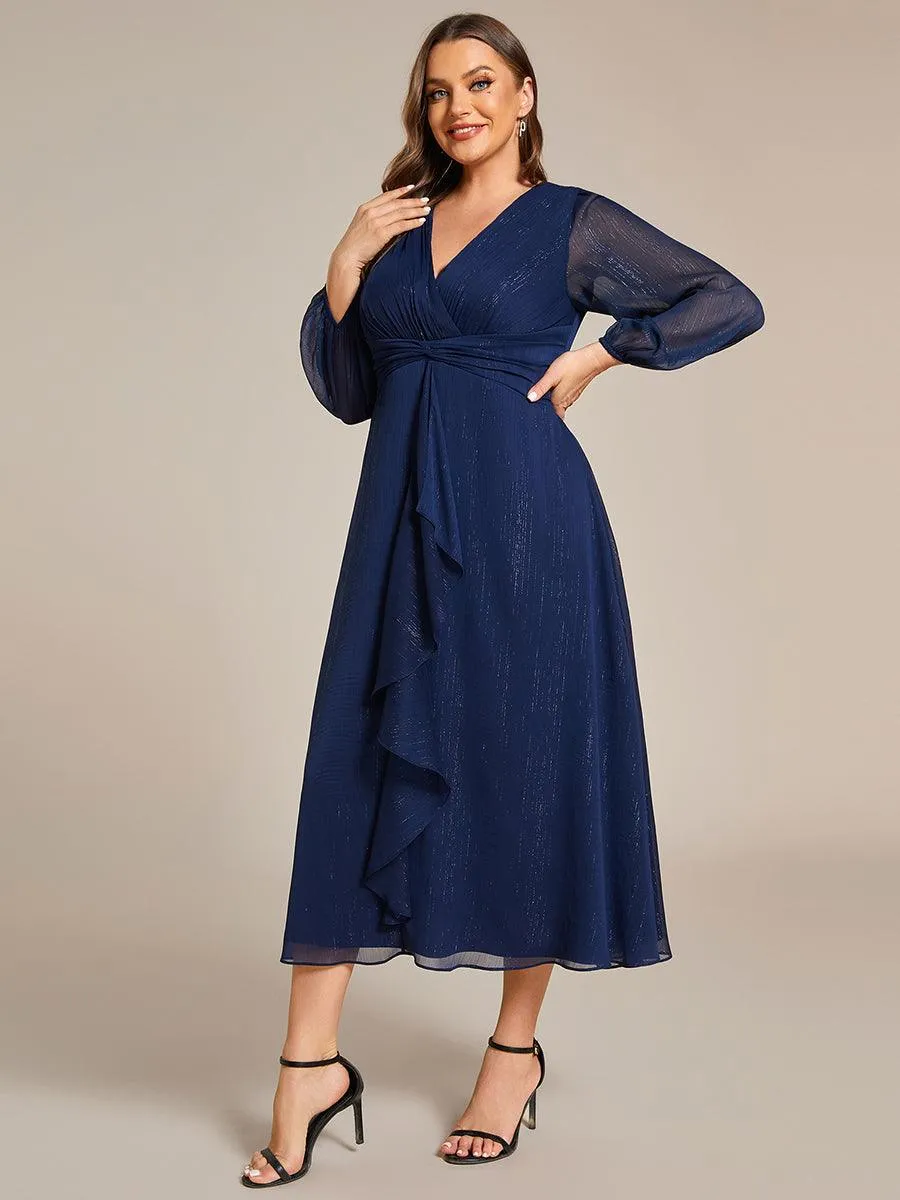 Grande taille Robe de soirée trapèze scintillante à manches longues et col en V en mousseline de soie avec nud torsadé