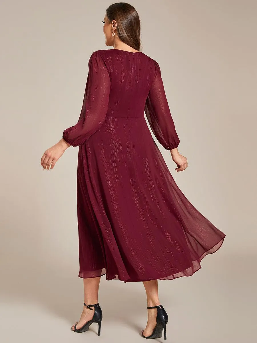 Grande taille Robe de soirée trapèze scintillante à manches longues et col en V en mousseline de soie avec nud torsadé