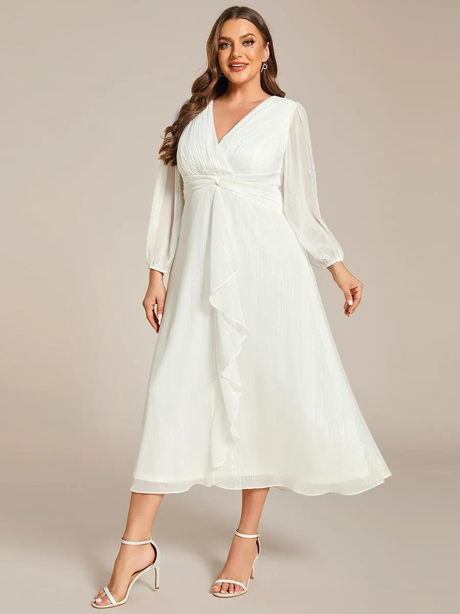 Grande taille Robe de soirée trapèze scintillante à manches longues et col en V en mousseline de soie avec nud torsadé