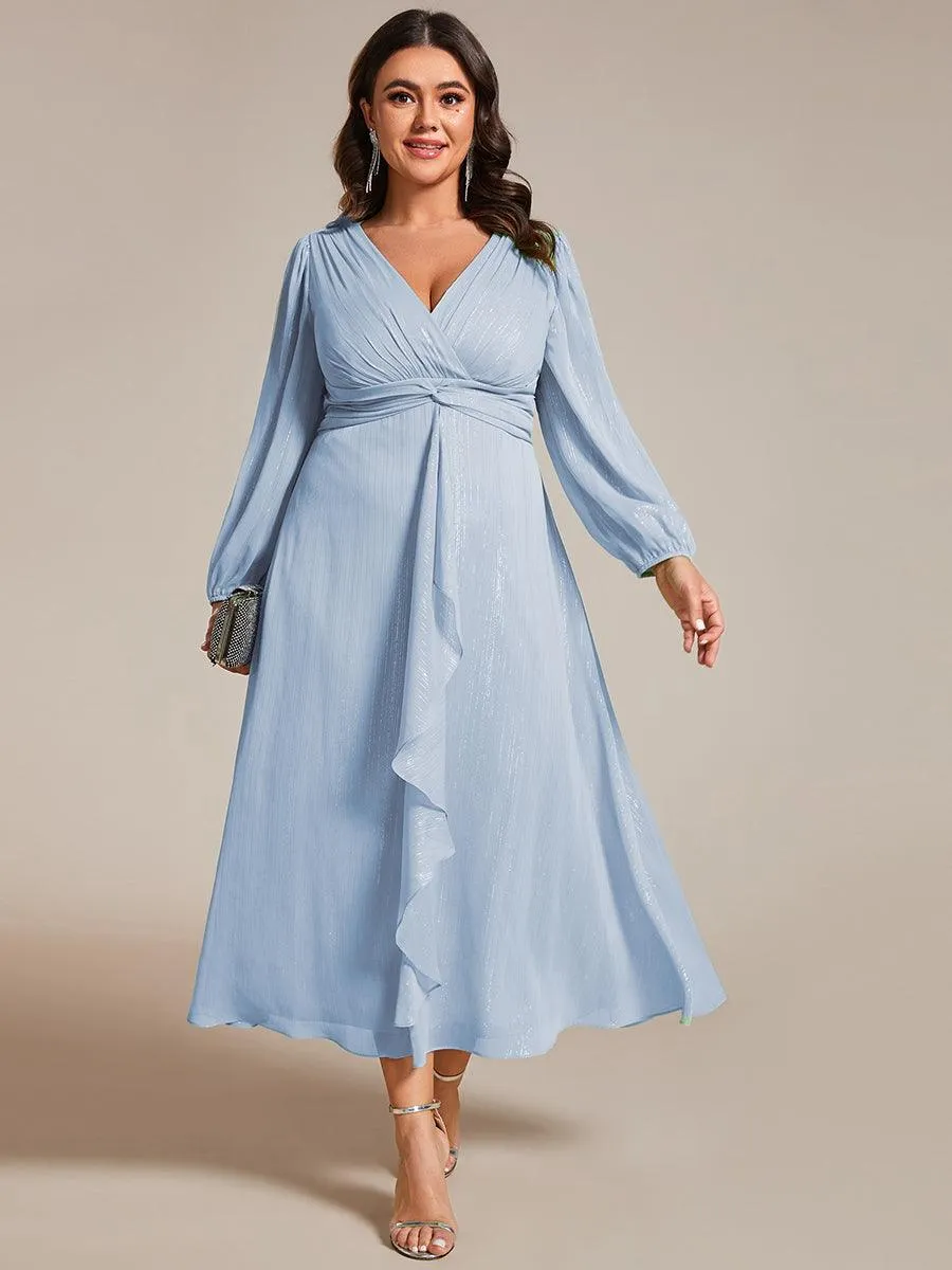 Grande taille Robe de soirée trapèze scintillante à manches longues et col en V en mousseline de soie avec nud torsadé