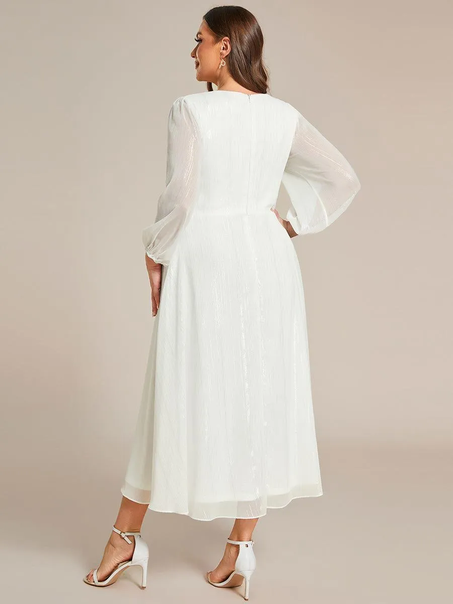 Grande taille Robe de soirée trapèze scintillante à manches longues et col en V en mousseline de soie avec nud torsadé