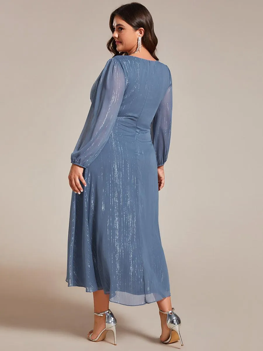 Grande taille Robe de soirée trapèze scintillante à manches longues et col en V en mousseline de soie avec nud torsadé
