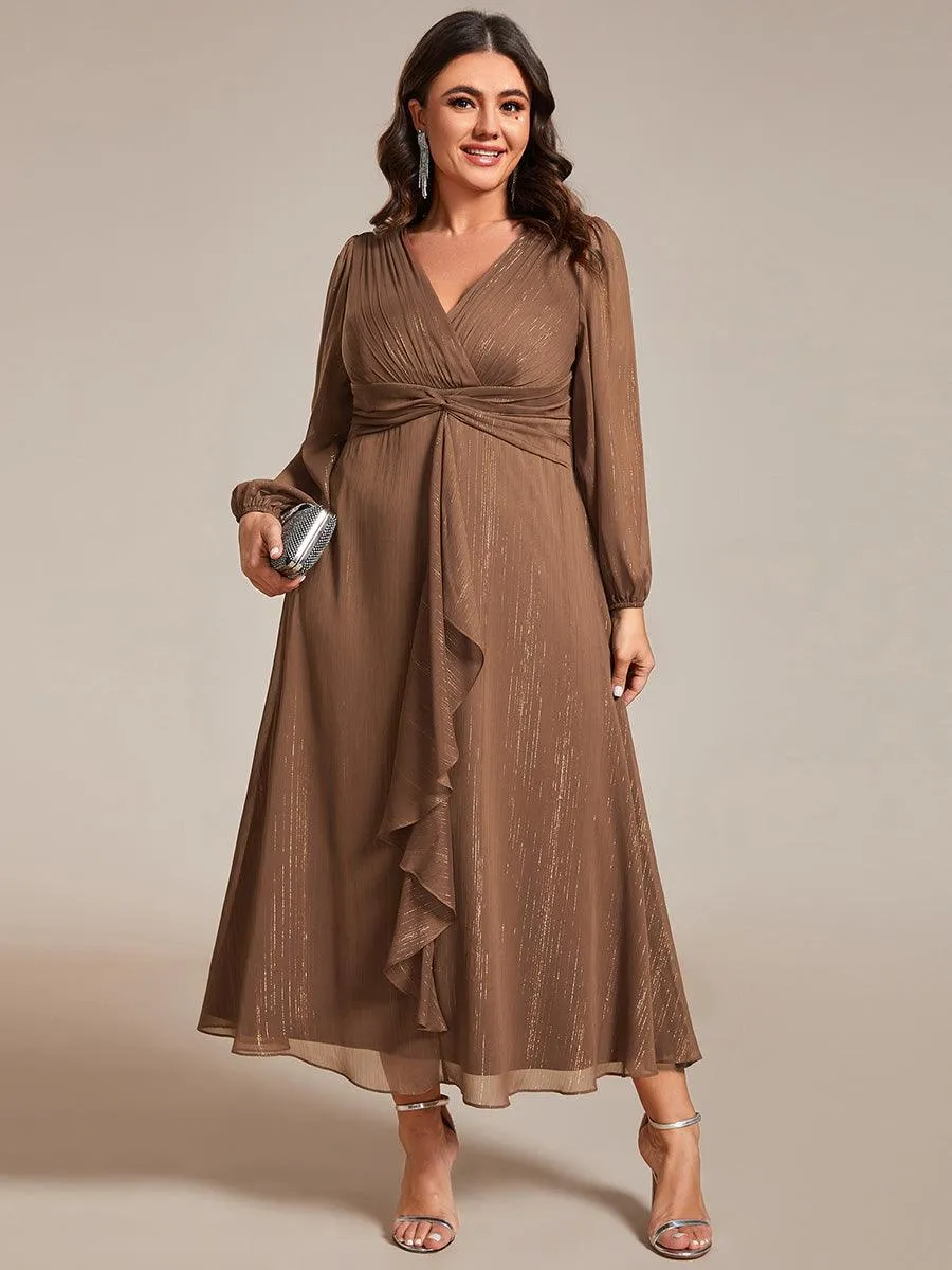 Grande taille Robe de soirée trapèze scintillante à manches longues et col en V en mousseline de soie avec nud torsadé