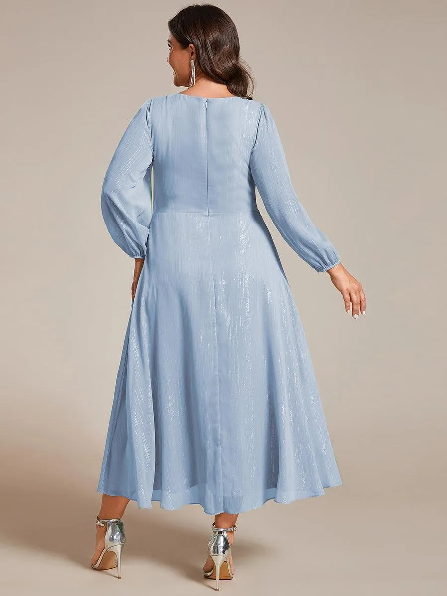 Grande taille Robe de soirée trapèze scintillante à manches longues et col en V en mousseline de soie avec nud torsadé