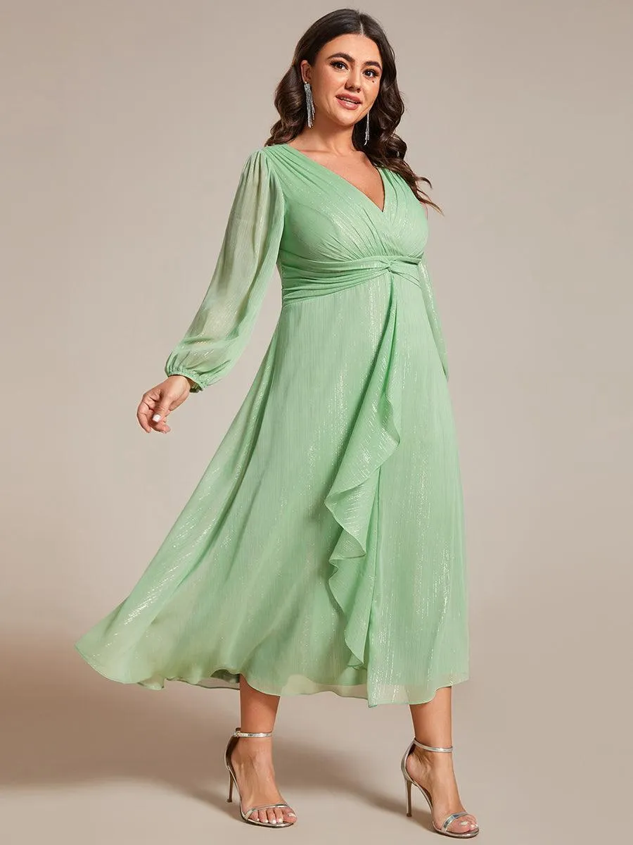 Grande taille Robe de soirée trapèze scintillante à manches longues et col en V en mousseline de soie avec nud torsadé
