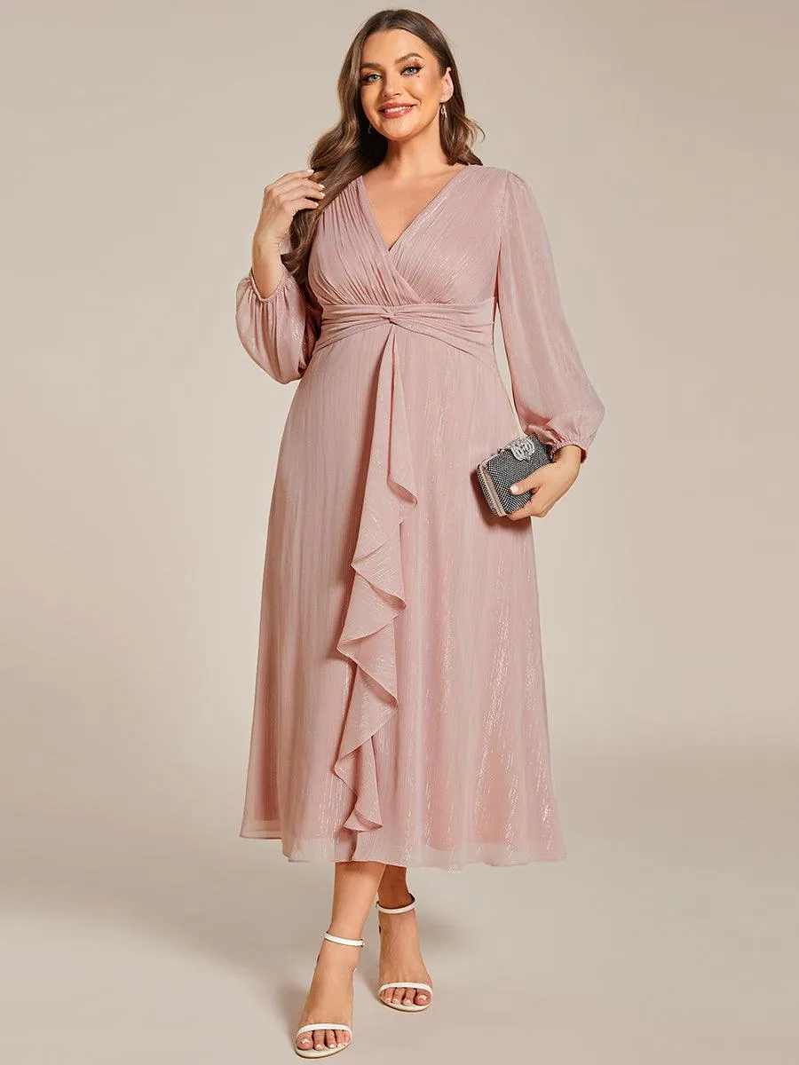 Grande taille Robe de soirée trapèze scintillante à manches longues et col en V en mousseline de soie avec nud torsadé