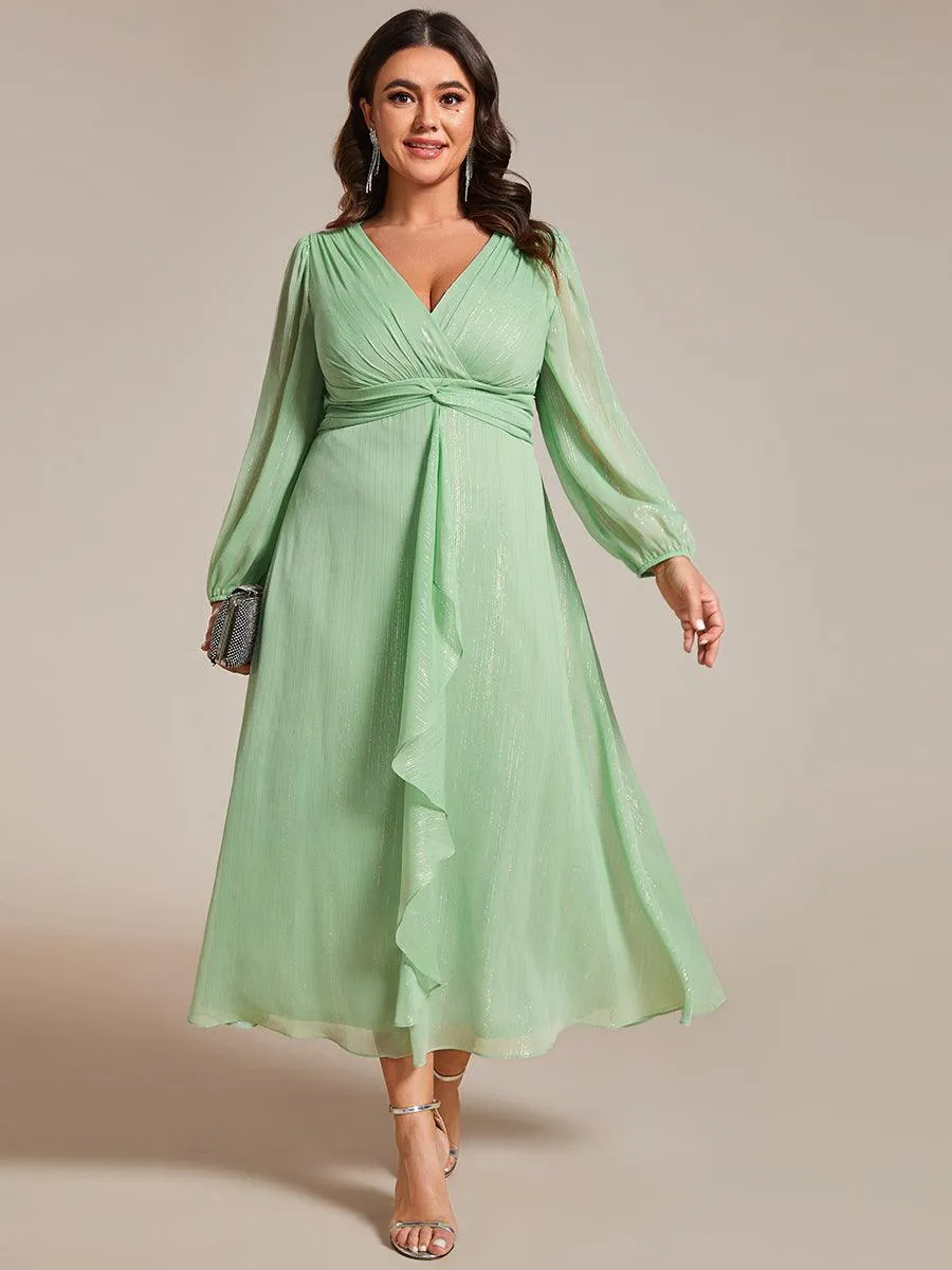 Grande taille Robe de soirée trapèze scintillante à manches longues et col en V en mousseline de soie avec nud torsadé