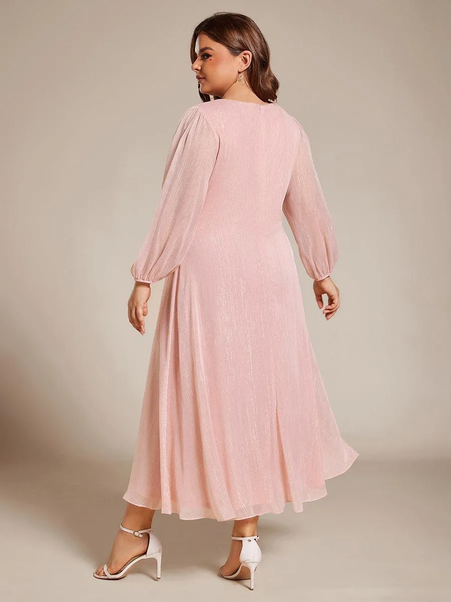 Grande taille Robe de soirée trapèze scintillante à manches longues et col en V en mousseline de soie avec nud torsadé
