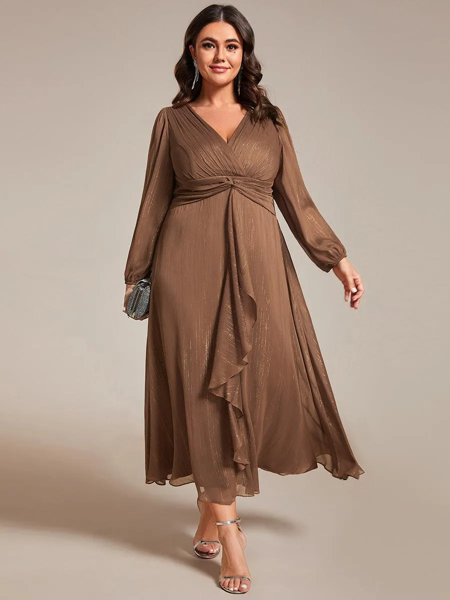 Grande taille Robe de soirée trapèze scintillante à manches longues et col en V en mousseline de soie avec nud torsadé