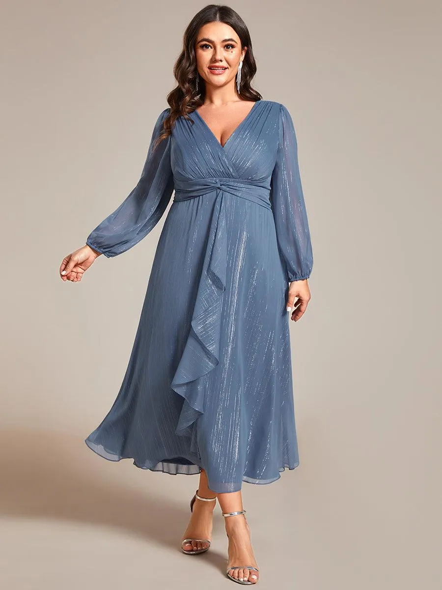 Grande taille Robe de soirée trapèze scintillante à manches longues et col en V en mousseline de soie avec nud torsadé