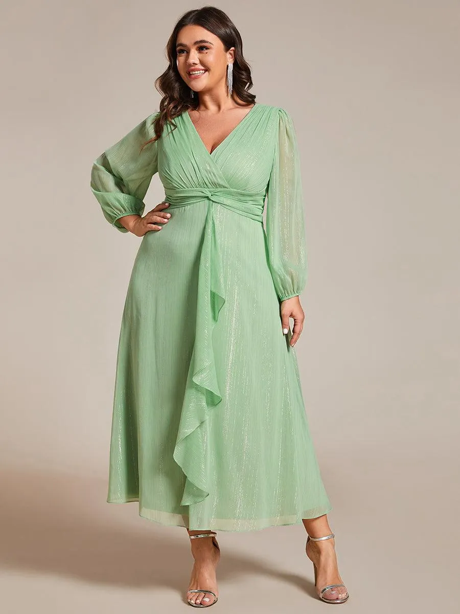 Grande taille Robe de soirée trapèze scintillante à manches longues et col en V en mousseline de soie avec nud torsadé