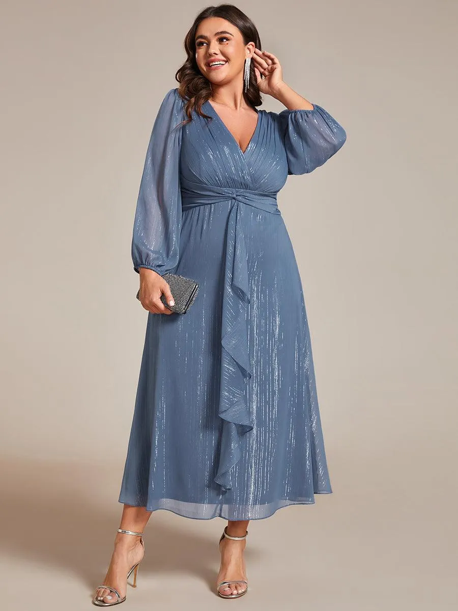 Grande taille Robe de soirée trapèze scintillante à manches longues et col en V en mousseline de soie avec nud torsadé