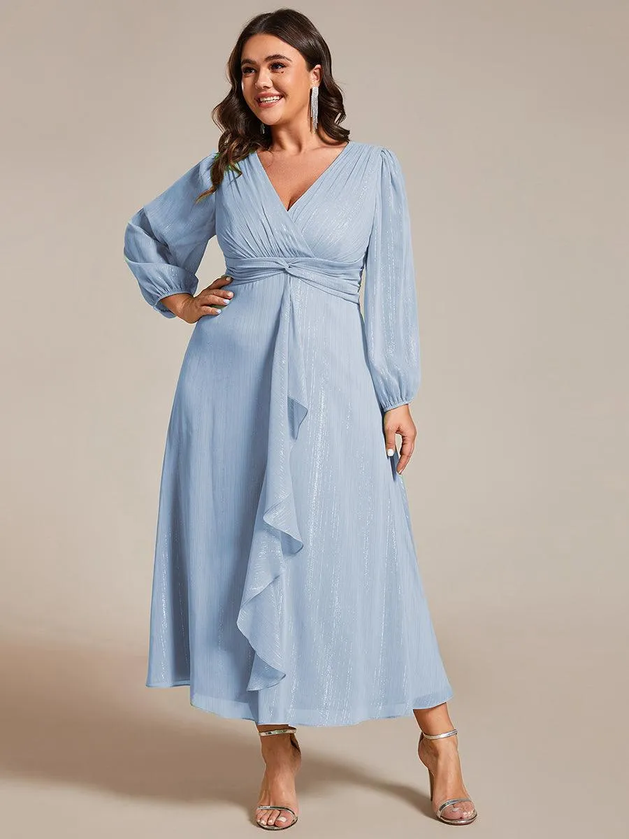 Grande taille Robe de soirée trapèze scintillante à manches longues et col en V en mousseline de soie avec nud torsadé