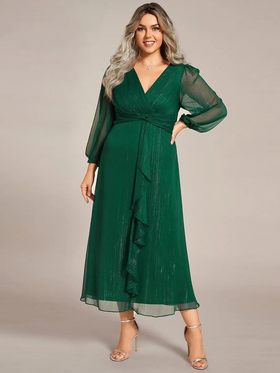 Grande taille Robe de soirée trapèze scintillante à manches longues et col en V en mousseline de soie avec nud torsadé