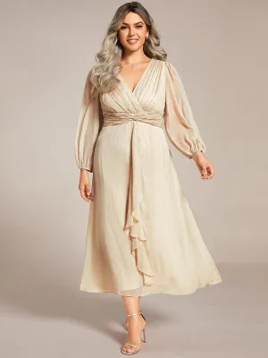 Grande taille Robe de soirée trapèze scintillante à manches longues et col en V en mousseline de soie avec nud torsadé