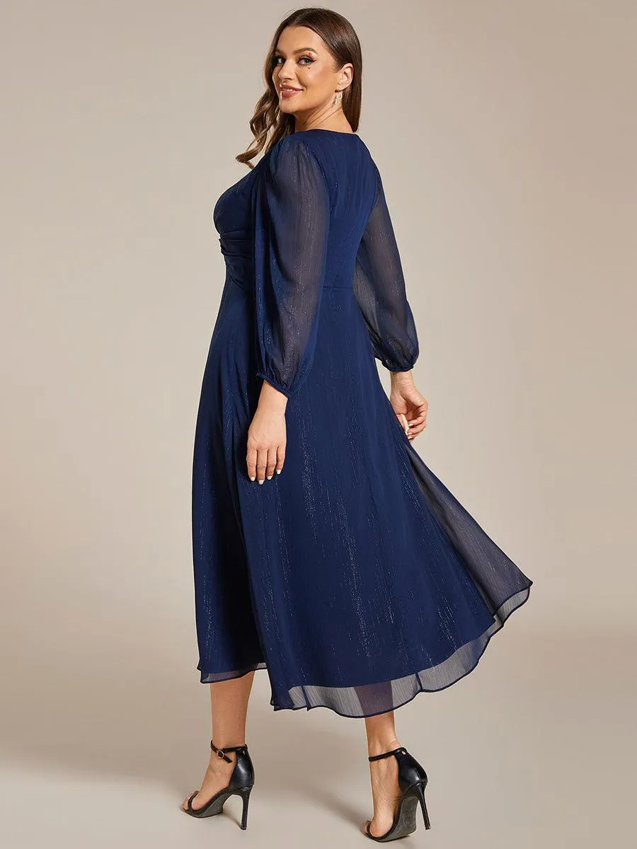 Grande taille Robe de soirée trapèze scintillante à manches longues et col en V en mousseline de soie avec nud torsadé