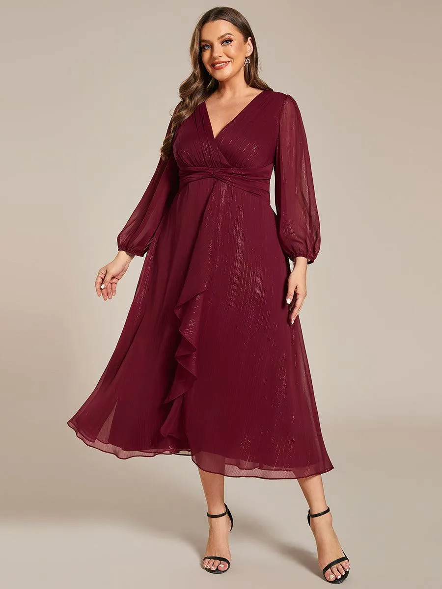 Grande taille Robe de soirée trapèze scintillante à manches longues et col en V en mousseline de soie avec nud torsadé